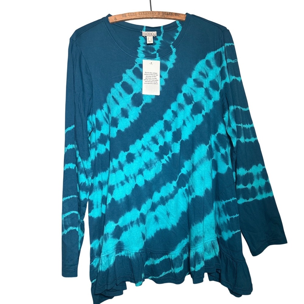 NWT LOGO Lori Goldstein L Tie Dye Tunic Top Blue Teal Ruffle Hem Pockets